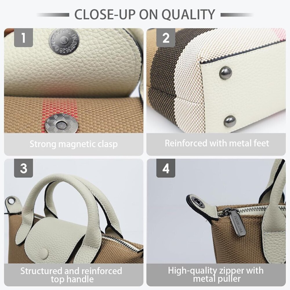 women Lvory White Vintage Leather Shoulder Bag Canvas Top Handle - Picture 7 of 8